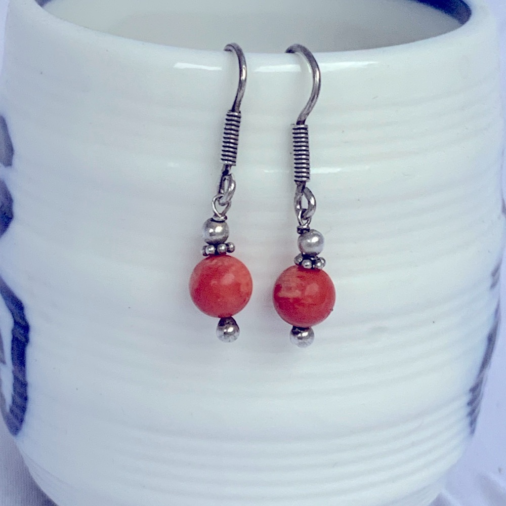 90’s Vintage Red Coral Earrings on Sterling Hooks